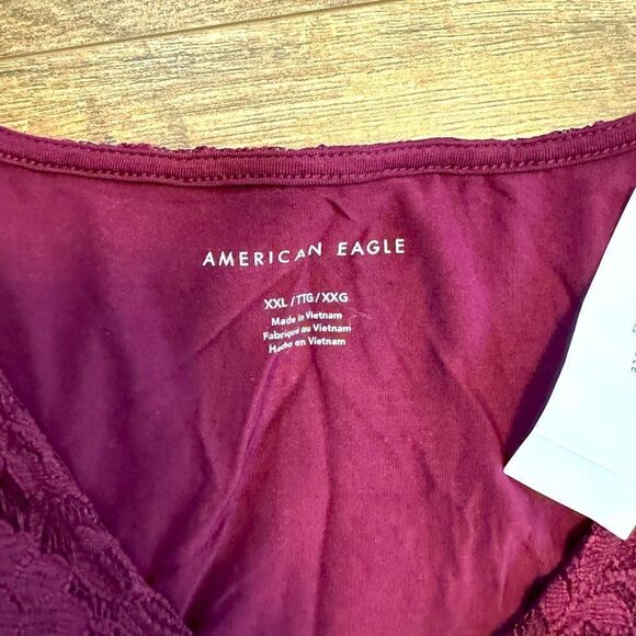 American Eagle Outfitters Maroon Lace Ruched Tie Front Ruffled Hem Crop Top - Picture 3 of 5